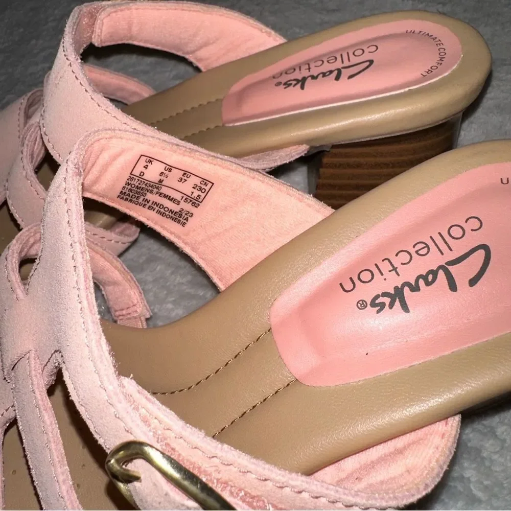 Clarks Heeled Slide Sandals Desirae Palm in powder pink  Suede Size 6.5